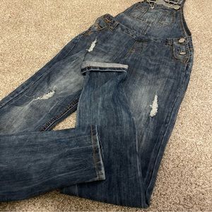 Medium Wash Distressed Straight Leg Overalls Jumpsuit